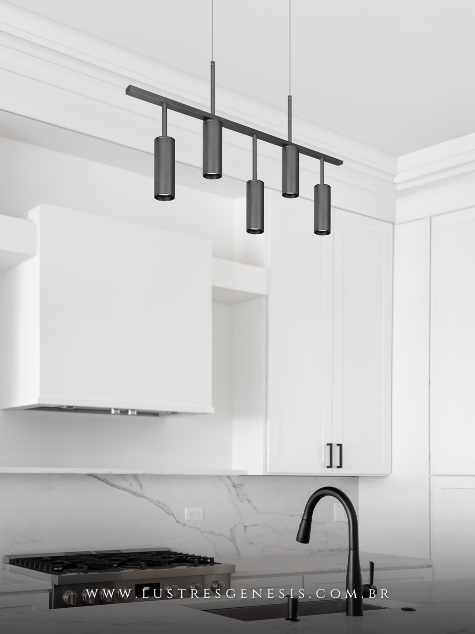 Lustre Pendente Retangular Pipe B5 Preto Minimalista para Balcão de Cozinha, Bancada Area Gourmet, Sala de Jantar e Suite Master